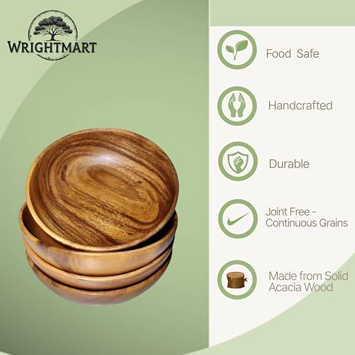 WRIGHTMART Wooden Bowls – Set of 4 Acacia Wood 7” Salad Bowl for Snacks, Fruit & Sides, Rustic Handmade Kitchenware Small Decorative Dishes for Dining & Gifting - Image 3