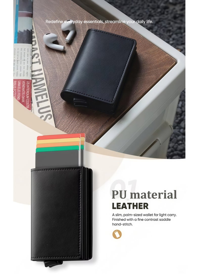 Men's Wallets - RFID Blocking Compact Wallet - Bifold Leather Wallet Flat Black Genuine Leather Scratch Resistant Wallet Secure Wallet - Image 2