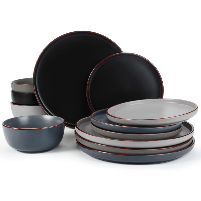 Famiware Mercury Plates and Bowls Sets, 12 Pieces Stoneware Dinnerware Sets, Dishes Set for 4, Microwave and Dishwasher Safe, Multi-color - Image 1