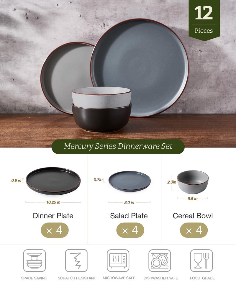 Famiware Mercury Plates and Bowls Sets, 12 Pieces Stoneware Dinnerware Sets, Dishes Set for 4, Microwave and Dishwasher Safe, Multi-color - Image 2
