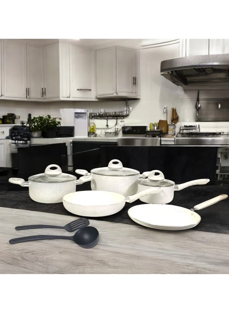 Rema Granite cookware set 10 pieces made in Turkey, set of 10 pieces includes sizes: pots 24 cm, 20 cm, 16 cm, low frying pan 25 cm, frying pan 24 cm, 2 spoons - Image 3