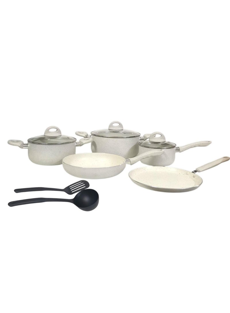 Rema Granite cookware set 10 pieces made in Turkey, set of 10 pieces includes sizes: pots 24 cm, 20 cm, 16 cm, low frying pan 25 cm, frying pan 24 cm, 2 spoons - Image 2