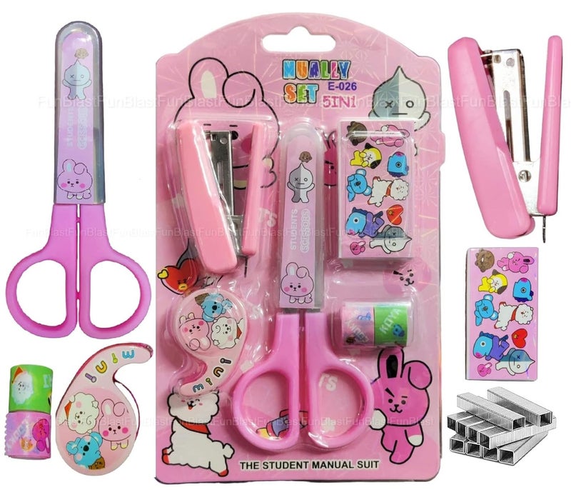 FunBlast Cartoon Stationery Set – Kawaii Stapler with Scissor, Washi Tape for Office, School, Home, Portable Mini Size Stapler with 400 Staples Blister (Pink) - Image 1