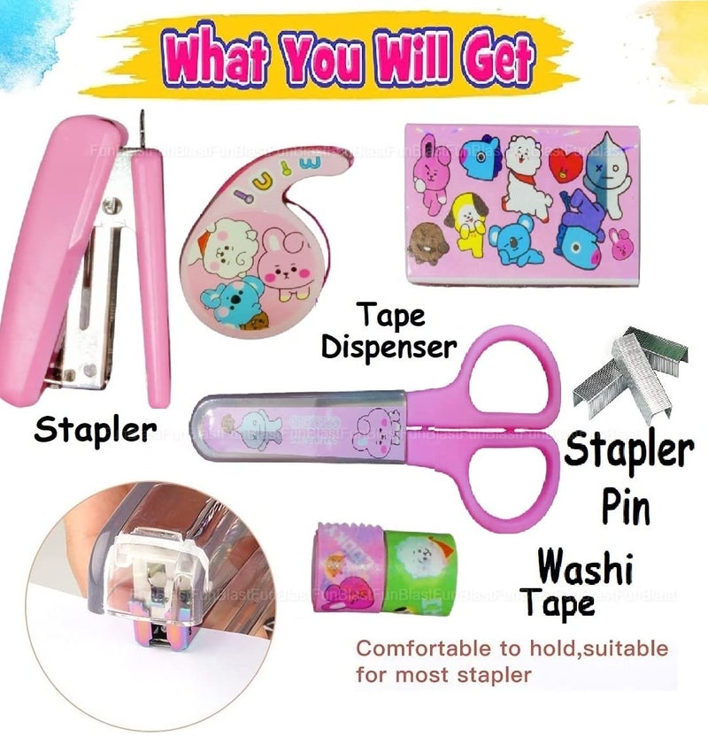 FunBlast Cartoon Stationery Set – Kawaii Stapler with Scissor, Washi Tape for Office, School, Home, Portable Mini Size Stapler with 400 Staples Blister (Pink) - Image 2