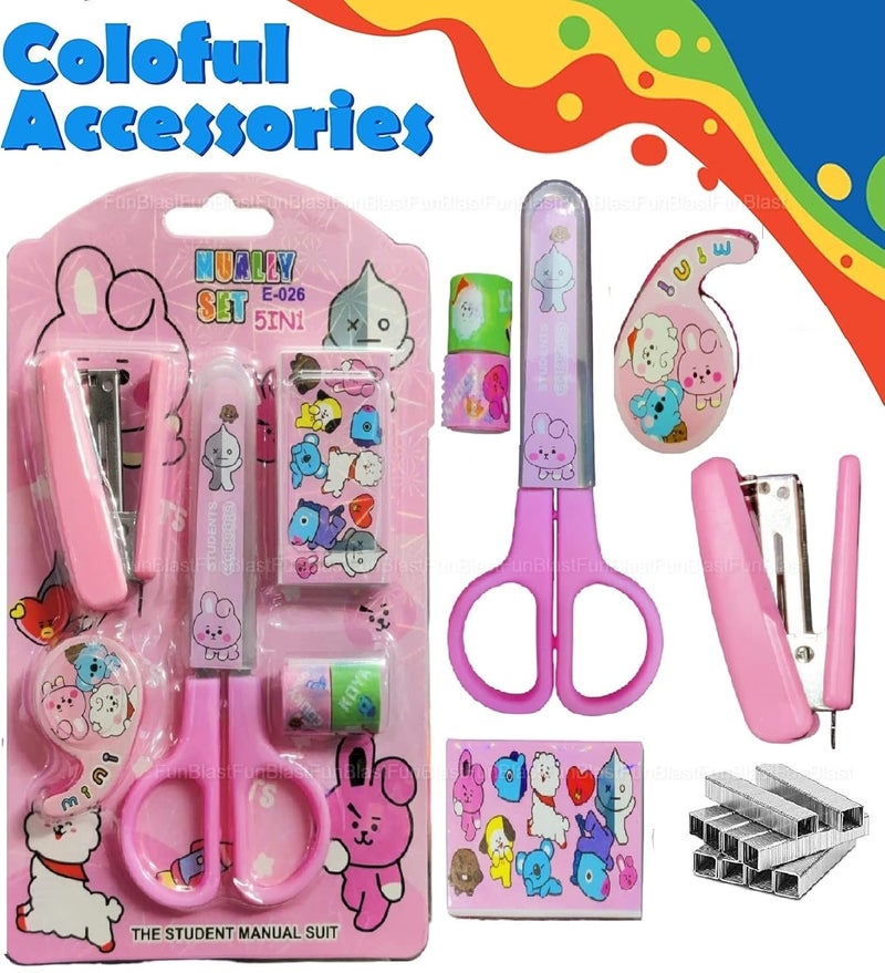 FunBlast Cartoon Stationery Set – Kawaii Stapler with Scissor, Washi Tape for Office, School, Home, Portable Mini Size Stapler with 400 Staples Blister (Pink) - Image 3