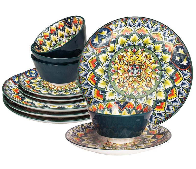 YA JU Mandala Dinnerware Sets (12 Pcs) Serves 4, Buffet Dinnerware, Boho Plates and Bowls Dish Set with 8" Deep Plate 10" dinner Plate 4.8" bowl, apply Casual dining Indoor Outdoor Dining Party - Image 1