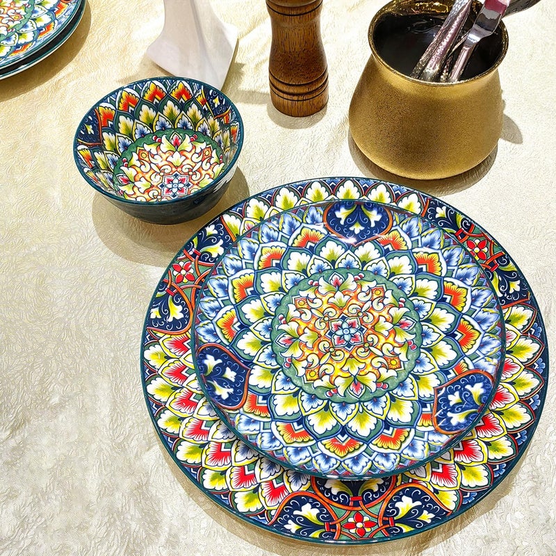 YA JU Mandala Dinnerware Sets (12 Pcs) Serves 4, Buffet Dinnerware, Boho Plates and Bowls Dish Set with 8" Deep Plate 10" dinner Plate 4.8" bowl, apply Casual dining Indoor Outdoor Dining Party - Image 4