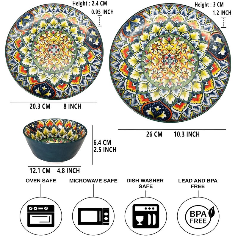 YA JU Mandala Dinnerware Sets (12 Pcs) Serves 4, Buffet Dinnerware, Boho Plates and Bowls Dish Set with 8" Deep Plate 10" dinner Plate 4.8" bowl, apply Casual dining Indoor Outdoor Dining Party - Image 2