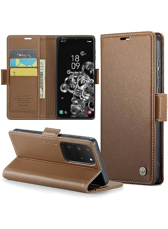 حافظة جلدية لهاتف Samsung Galaxy S20 Ultra 5G بشاشة 6.9 بوصة - بني. تتميز بحامل بطاقات يمنع القرصنة اللاسلكية وقاعدة مغناطيسية للوقوف. حماية مثالية لهاتفك وتصميم قابل للطي. - Image 1