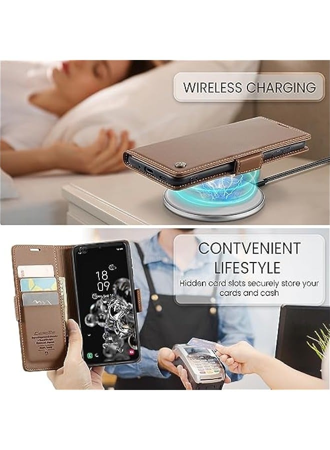 حافظة جلدية لهاتف Samsung Galaxy S20 Ultra 5G بشاشة 6.9 بوصة - بني. تتميز بحامل بطاقات يمنع القرصنة اللاسلكية وقاعدة مغناطيسية للوقوف. حماية مثالية لهاتفك وتصميم قابل للطي. - Image 5
