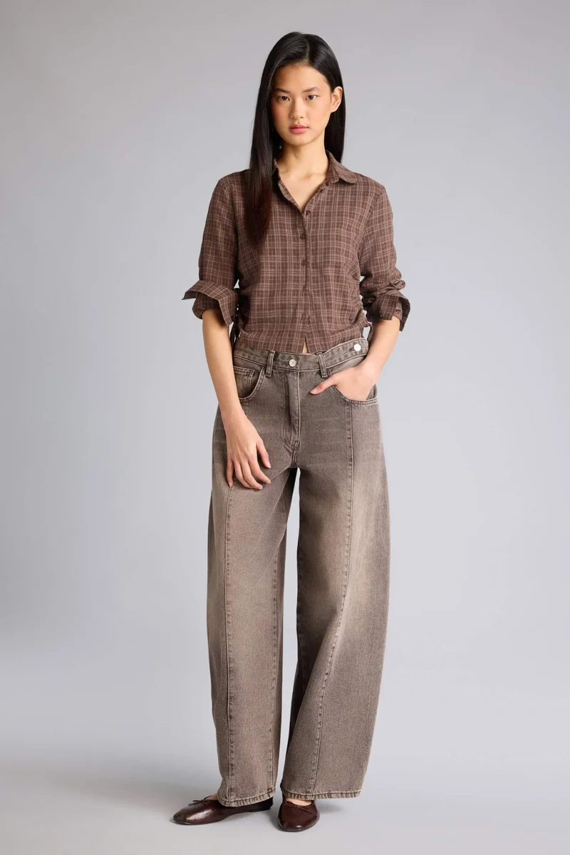 ديفاكتو Slim Fit Baby Collar Linen Blended Plaid Long Sleeve Shirt