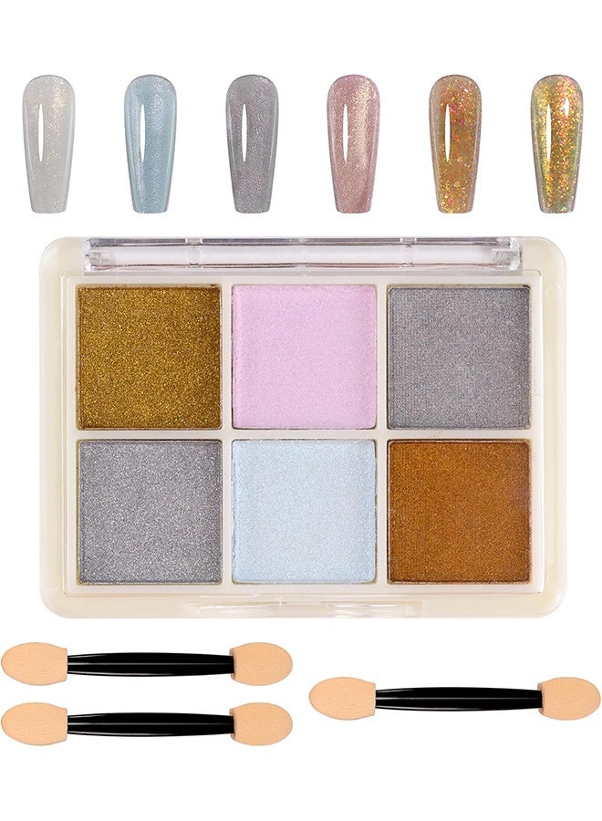 6 Grid Chrome Nail Powder Holographic Nail Powder Metallic Mirror Effect Pigment Pulver Solid Fingernail Dyestuff Multicolor Palette Aurora Dust for Gel Agnail Art Decoration Resin Craft Gifts - Image 1