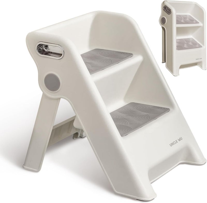 KEYOZA Toddler Step Stool White Grey Foldable 2 Step Stool for Kids Bathroom Sink Potty Toilet to Give Stepping Stool for Todders 13 More Independence Easy to Use Carry Wash