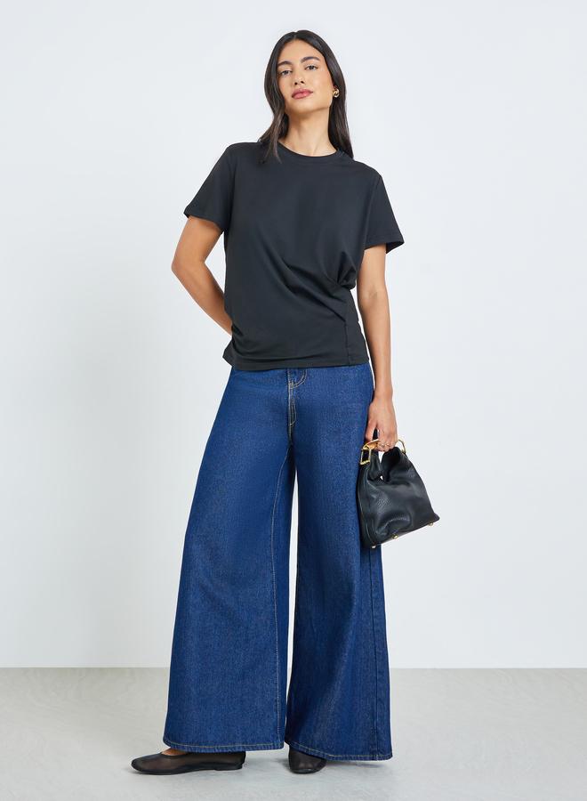 Styli Black Pleated Detail Round Neck T-Shirt - Image 2