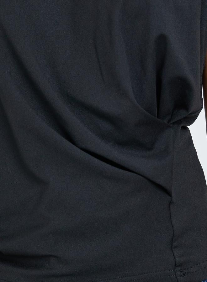 Styli Black Pleated Detail Round Neck T-Shirt - Image 3