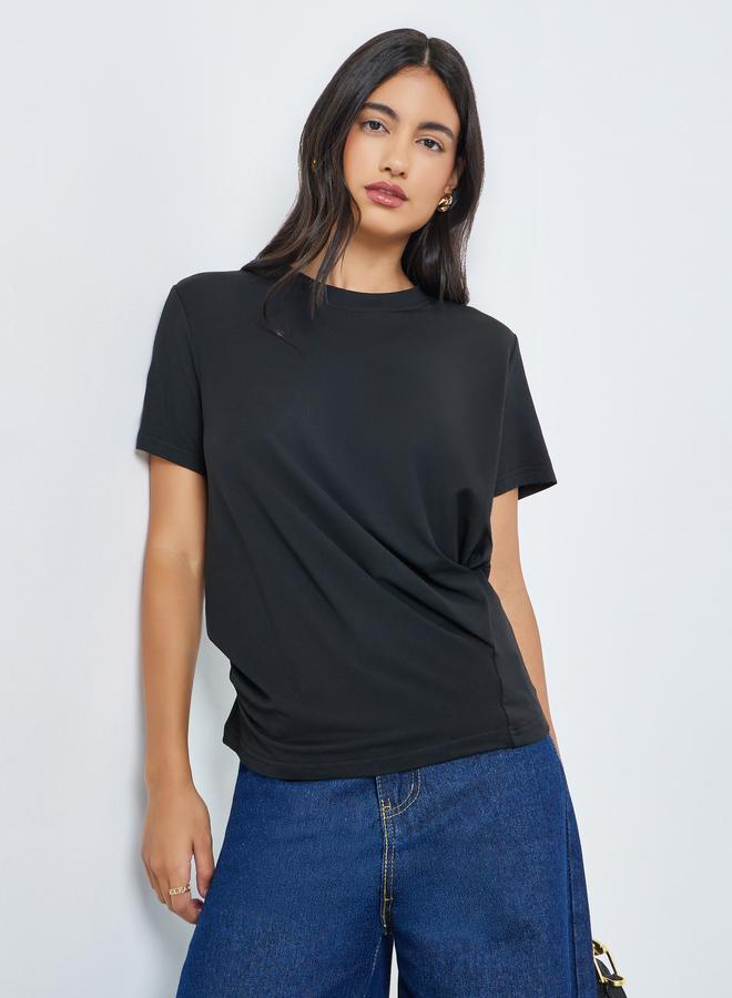 Styli Black Pleated Detail Round Neck T-Shirt - Image 1