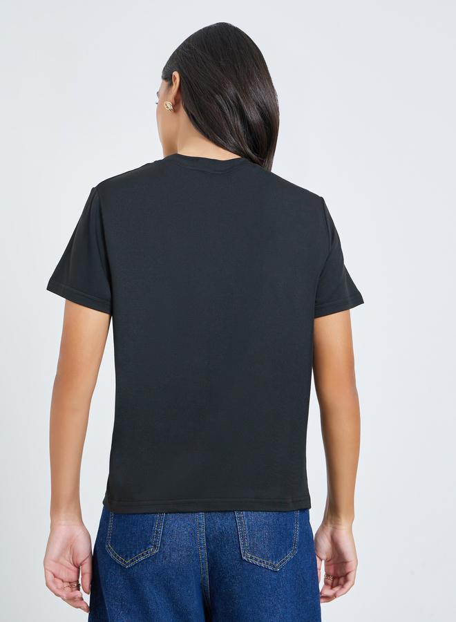 Styli Black Pleated Detail Round Neck T-Shirt - Image 4