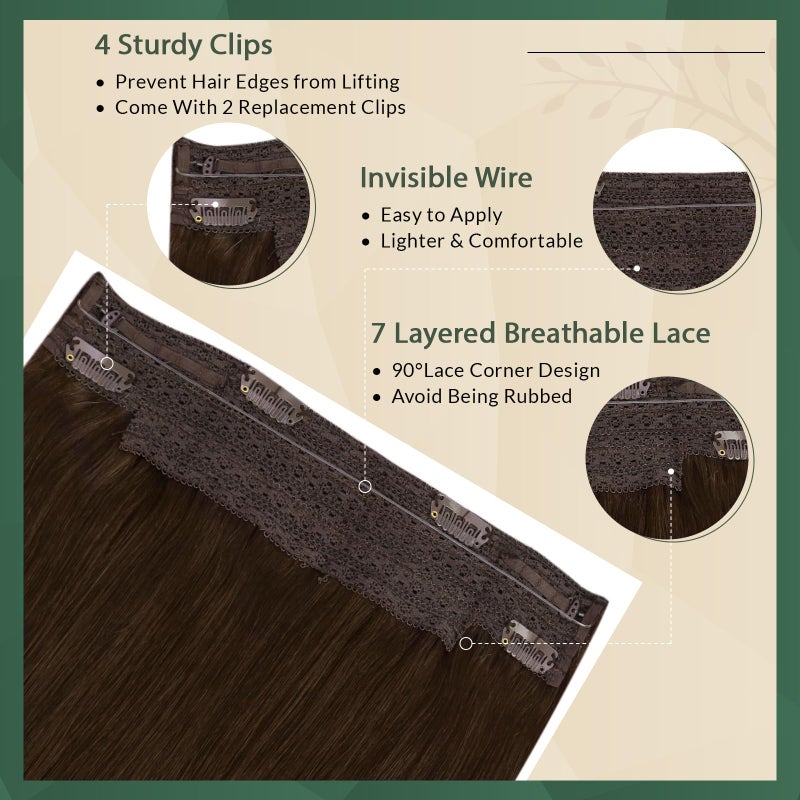 Ugeat Invisible Wire Hair Extensions Real Human Hair #4 Chocolate Brown Human Hair Wire Extensions Brown for Short 16 inch 80g One Hairpiece with 4 Clips Transparent Fish Line - Image 3