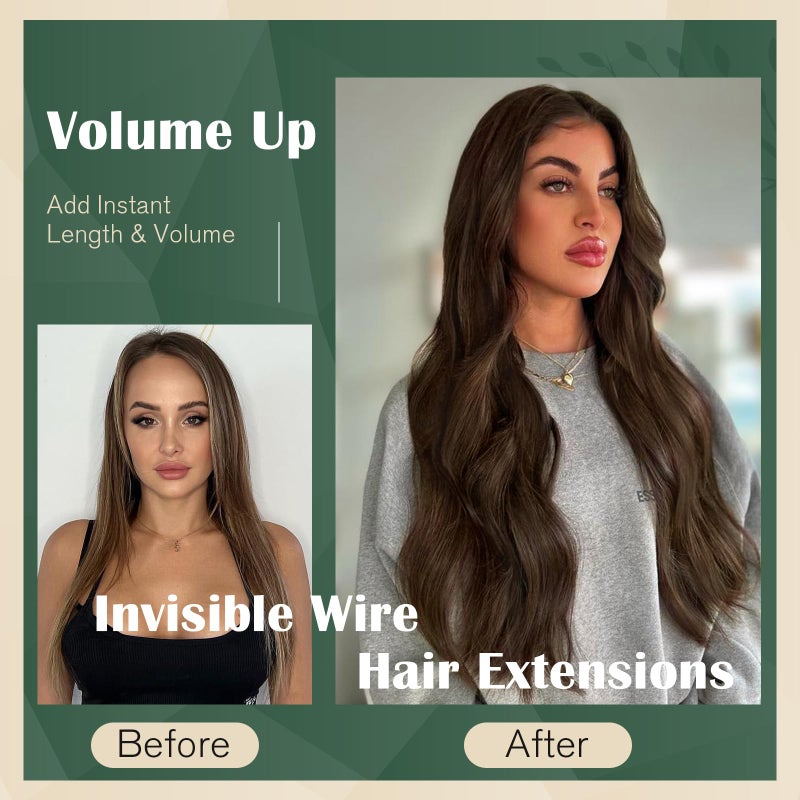 Ugeat Invisible Wire Hair Extensions Real Human Hair #4 Chocolate Brown Human Hair Wire Extensions Brown for Short 16 inch 80g One Hairpiece with 4 Clips Transparent Fish Line - Image 5