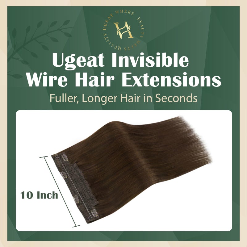 Ugeat Invisible Wire Hair Extensions Real Human Hair #4 Chocolate Brown Human Hair Wire Extensions Brown for Short 16 inch 80g One Hairpiece with 4 Clips Transparent Fish Line - Image 2