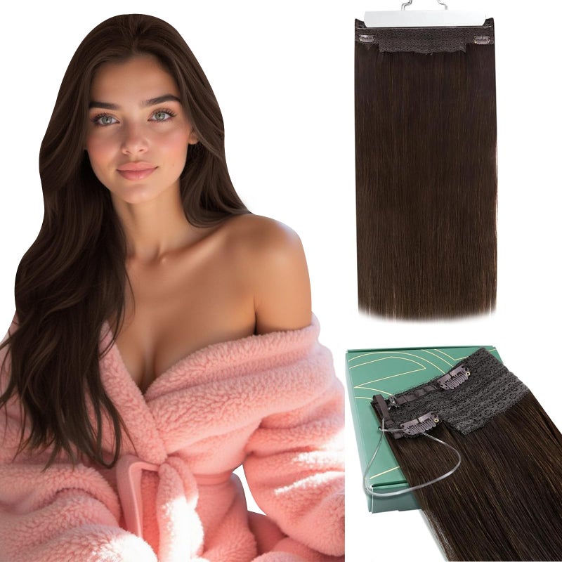 Ugeat Invisible Wire Hair Extensions Real Human Hair #4 Chocolate Brown Human Hair Wire Extensions Brown for Short 16 inch 80g One Hairpiece with 4 Clips Transparent Fish Line - Image 1