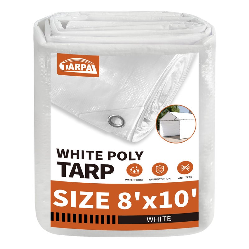 TARPAL 8x10 White Tarp Waterproof 75 mil Medium Duty All Purpose Poly Tarps Cover WaterproofSnow Proof UV ProtectionRip and Tear ProofPoly Tarpaulin