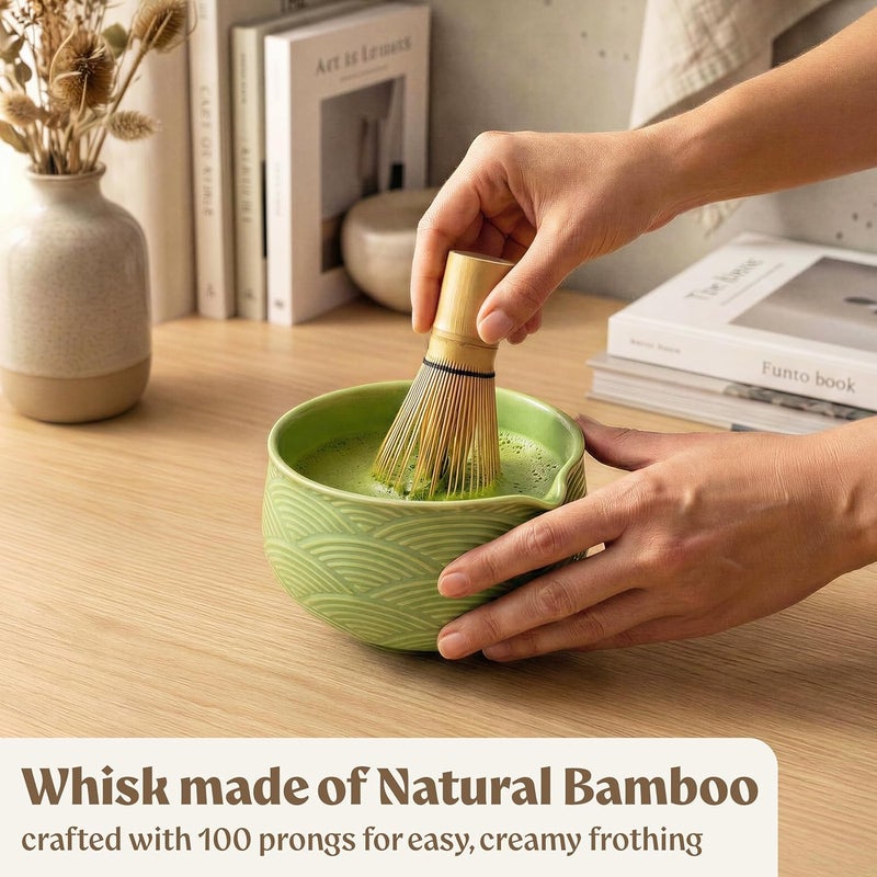 EDELHAUS Matcha Kit Whisk Set (7 Pcs) - Complete Matcha Set, Matcha Bowl with Spout, Whisk with Holder, Bamboo Scoop with Rest and Sifter, Perfect Kit for Matcha Lovers (Green Mist) - Image 3