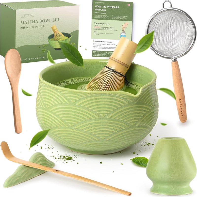 EDELHAUS Matcha Kit Whisk Set (7 Pcs) - Complete Matcha Set, Matcha Bowl with Spout, Whisk with Holder, Bamboo Scoop with Rest and Sifter, Perfect Kit for Matcha Lovers (Green Mist) - Image 1