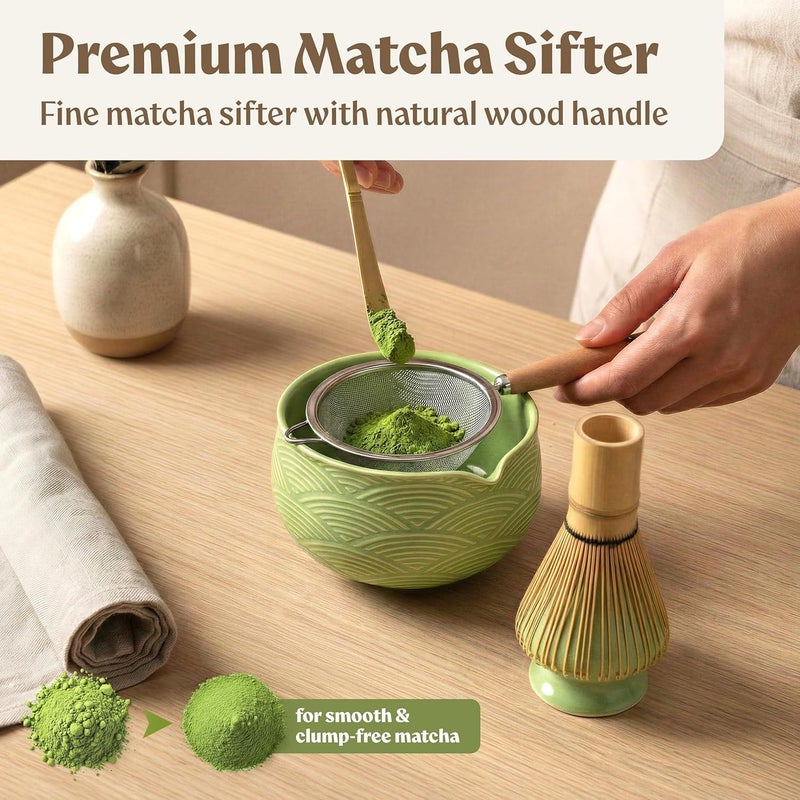 EDELHAUS Matcha Kit Whisk Set (7 Pcs) - Complete Matcha Set, Matcha Bowl with Spout, Whisk with Holder, Bamboo Scoop with Rest and Sifter, Perfect Kit for Matcha Lovers (Green Mist) - Image 5