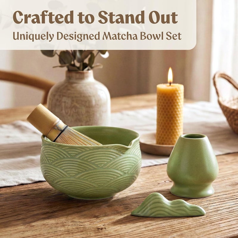 EDELHAUS Matcha Kit Whisk Set (7 Pcs) - Complete Matcha Set, Matcha Bowl with Spout, Whisk with Holder, Bamboo Scoop with Rest and Sifter, Perfect Kit for Matcha Lovers (Green Mist) - Image 2