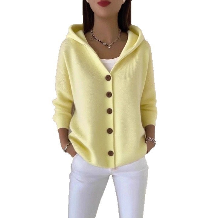 Buttoned Knitted Wool Hooded Cardigan Jacket Autumn and Winter Solid Color Casual Women''s Single-Breasted Multi-Button Sheep Wool Blend - Image 5