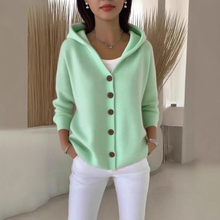 Buttoned Knitted Wool Hooded Cardigan Jacket Autumn and Winter Solid Color Casual Women''s Single-Breasted Multi-Button Sheep Wool Blend - Image 4