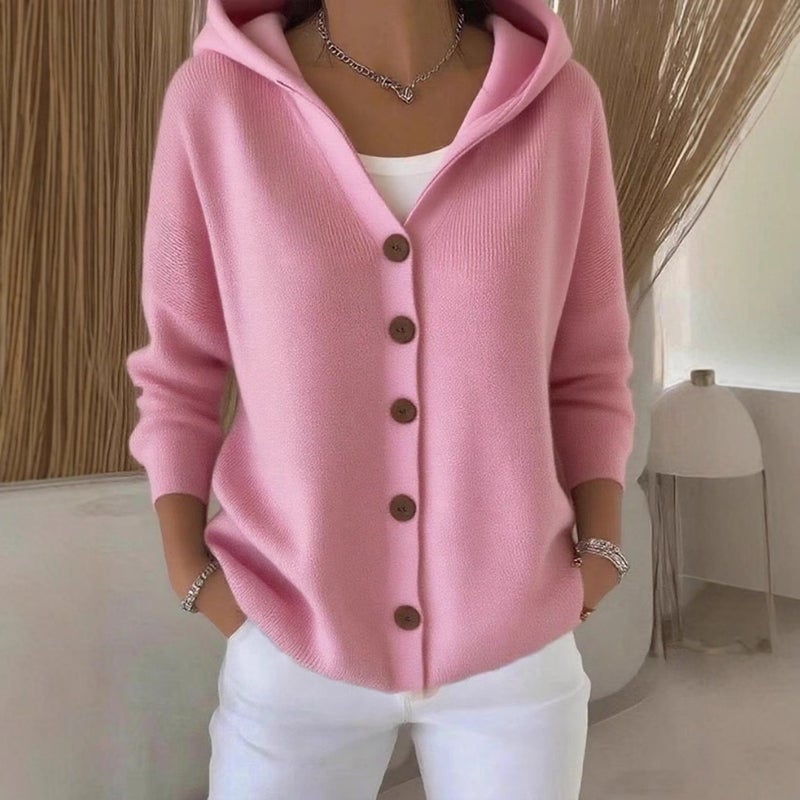 Buttoned Knitted Wool Hooded Cardigan Jacket Autumn and Winter Solid Color Casual Women''s Single-Breasted Multi-Button Sheep Wool Blend - Image 2