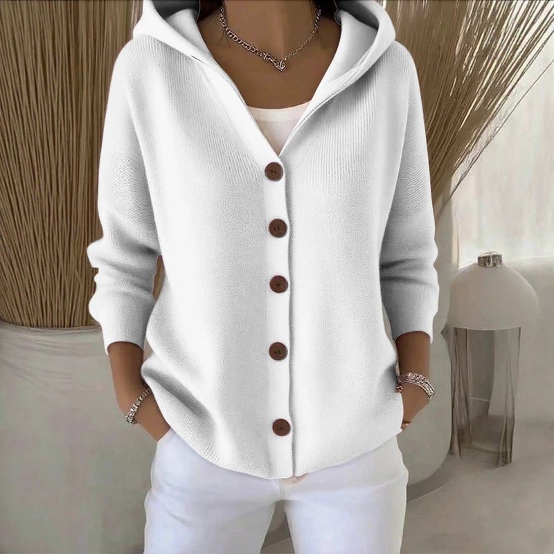 Buttoned Knitted Wool Hooded Cardigan Jacket Autumn and Winter Solid Color Casual Women''s Single-Breasted Multi-Button Sheep Wool Blend - Image 1