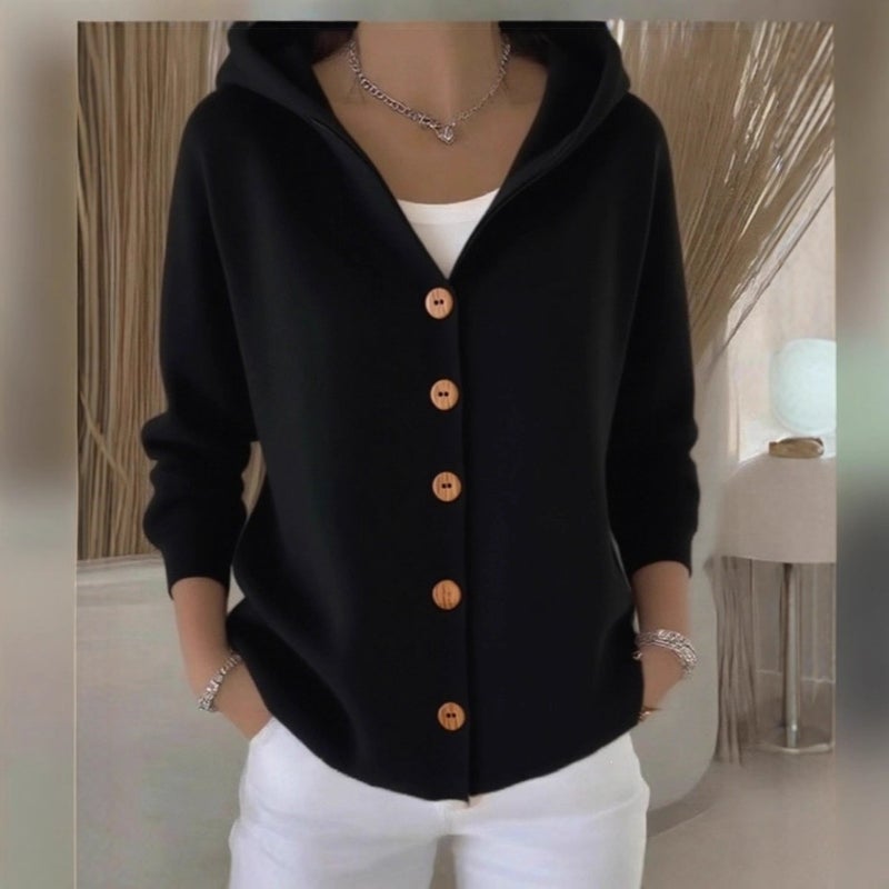 Buttoned Knitted Wool Hooded Cardigan Jacket Autumn and Winter Solid Color Casual Women''s Single-Breasted Multi-Button Sheep Wool Blend - Image 3