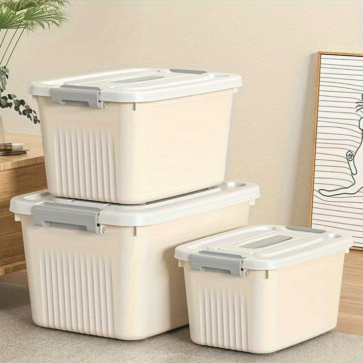 Ash  Roh Ash & Roh Multipurpose Plastic Storage Container with Lockable Lid & Wheels, Stackable Clear Organizer Bin for Clothes, Toys, Office & Garage Storage (pack of 2, 4 num cream) - Image 3