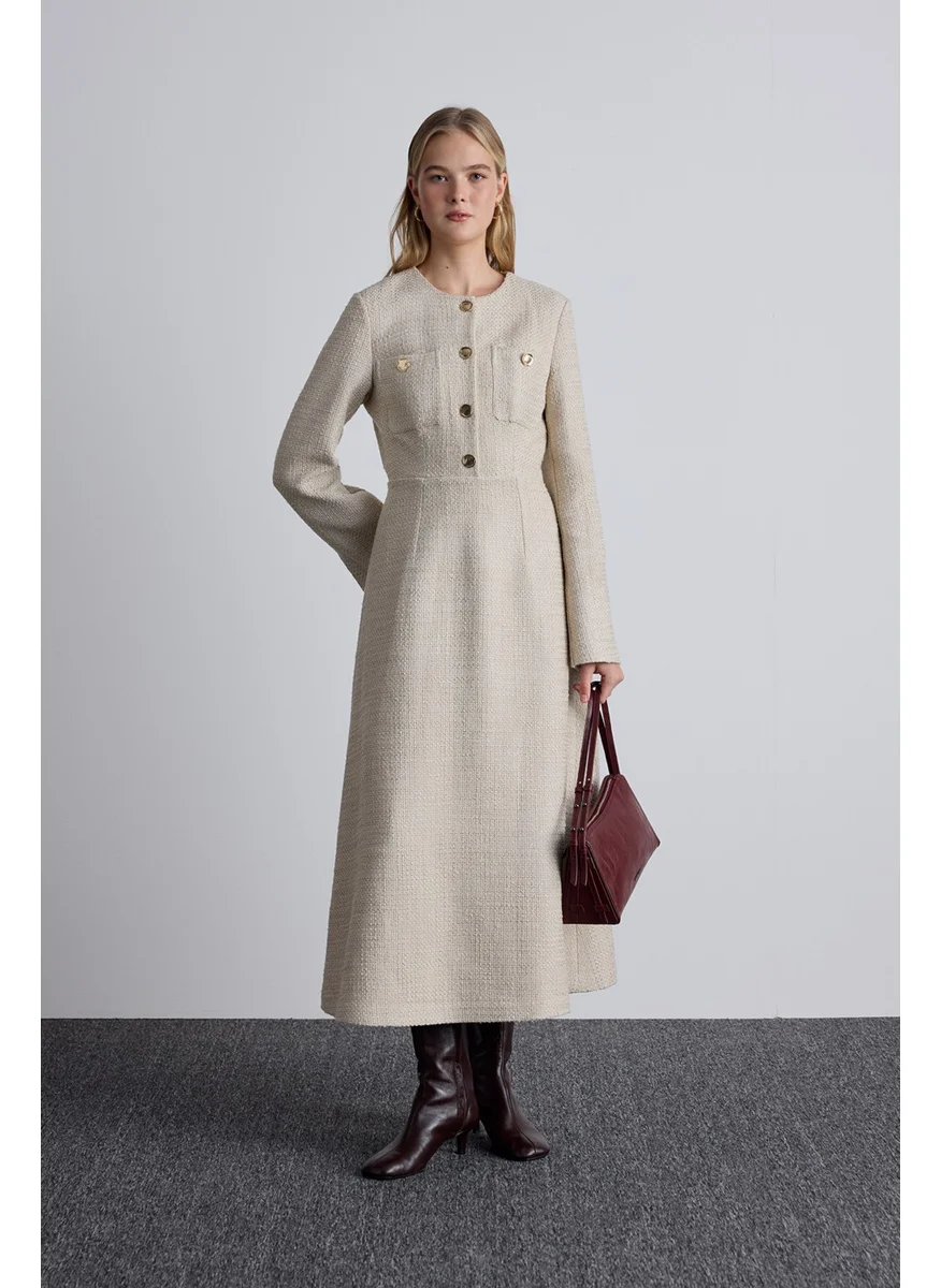 مانوكا Textured Buttoned Dress Beige