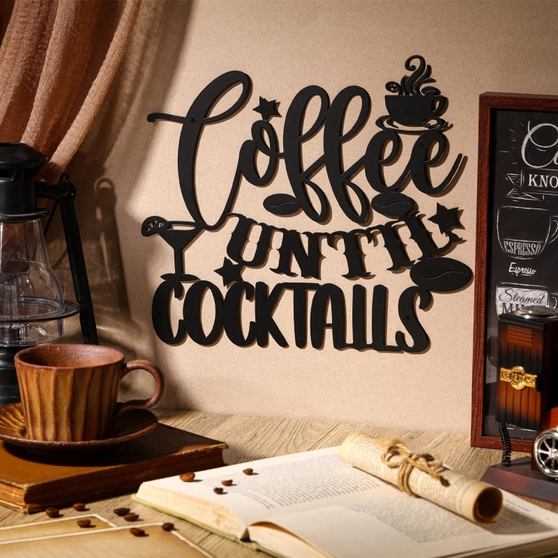 Ferraycle Coffee Sign Metal Hanging Wall Art Sign 12 x 10.2 Inch Black Coffee Cup Wall Decor Coffee Bar Letter Sign for Cafe Farmhouse Kitchen(Coffee Until Cocktails) - Image 2