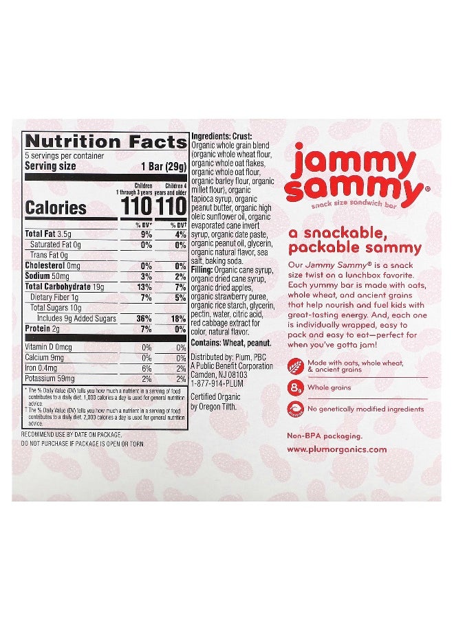 Plum Organics Plum Organics, Jammy Sammy, Snack Size Sandwich Bar, 15 Months & Up, Peanut Butter & Strawberry, 5 Bars, 1.02 oz (29 g) Each  - Image 2