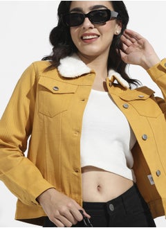 Campus Sutra Women's Yellow Front-Button Jacket With Fur Details  - Image 1