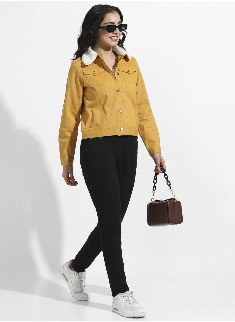 Campus Sutra - Women's Yellow Front-Button Jacket With Fur Details - Image 1