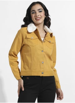 Campus Sutra Women's Yellow Front-Button Jacket With Fur Details  - Image 2
