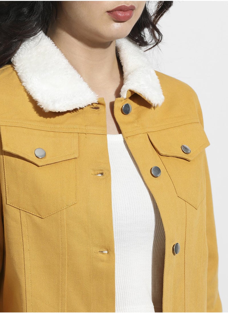 Campus Sutra - Women's Yellow Front-Button Jacket With Fur Details - Image 1