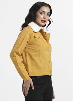 Campus Sutra Women's Yellow Front-Button Jacket With Fur Details  - Image 3