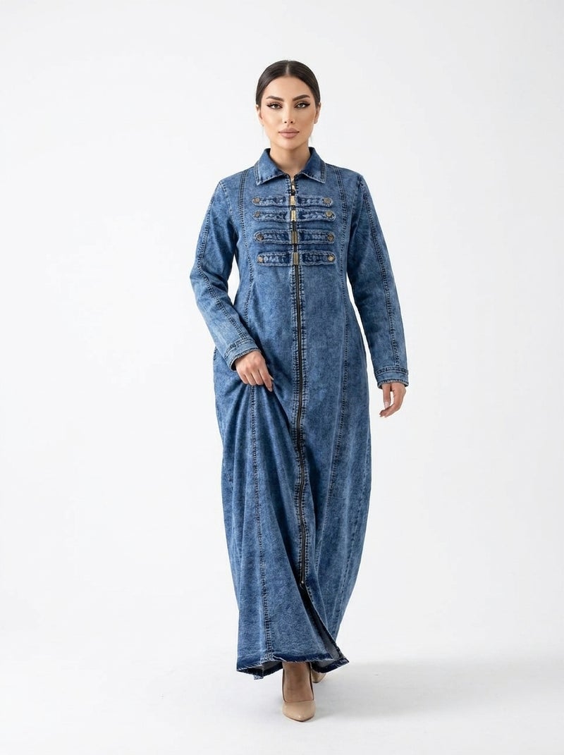 Long Denim Dress with Elegant Design and Front Button Details - Classic Light Jeans Color - Suitable for Daily & Formal Occasions - Size XL (60 KG) - Image 3