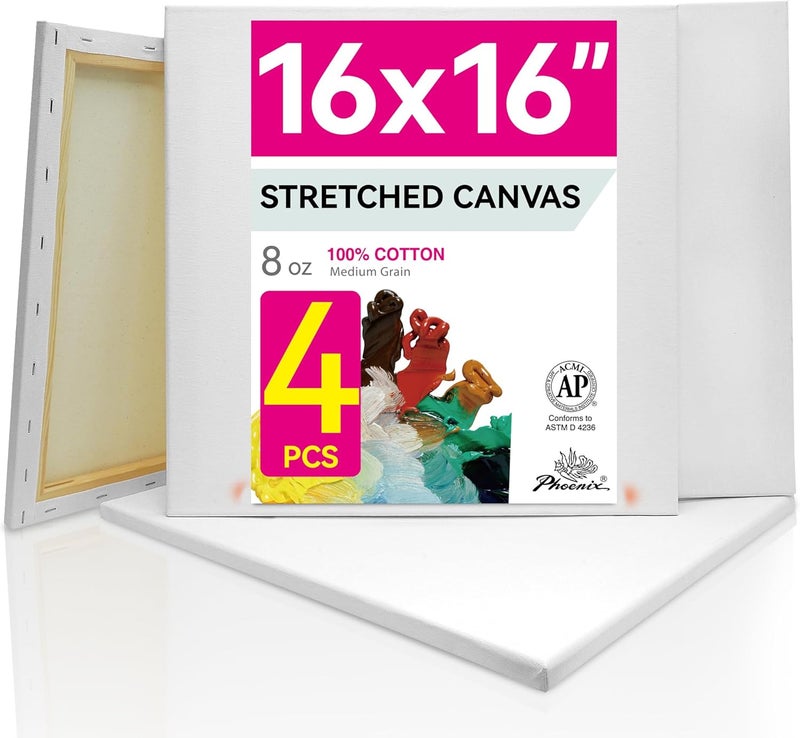 Phoenix Stretched Canvas for Painting 16x16 Inch/4 Value Pack, 8 Oz Triple Primed 5/8 Inch Profile 100% Cotton White Blank Canvas, Square Framed Canvas for Oil Acrylic & Pouring Art - Image 1