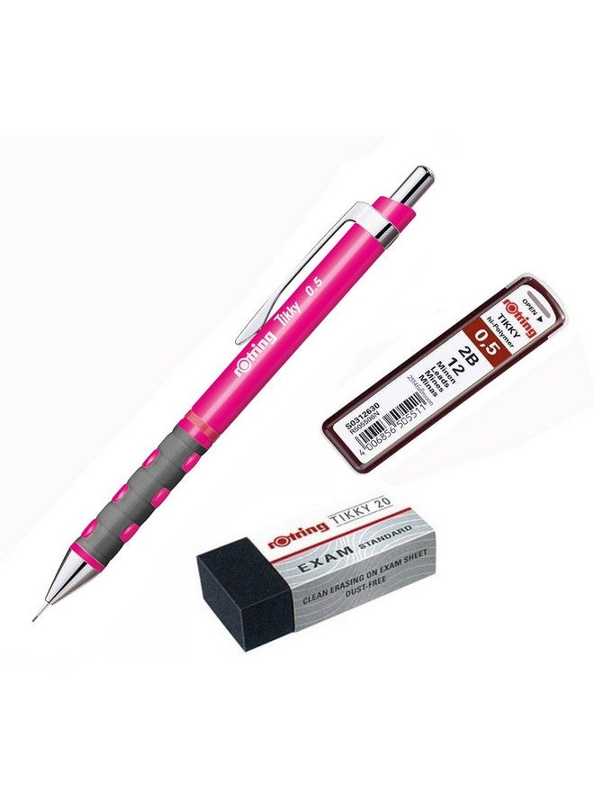 Rotring rOtring Tikky Mechanical Pencil, 0.5mm, Neon Pink Plus 2B Lead Box & Eraser  - Image 1