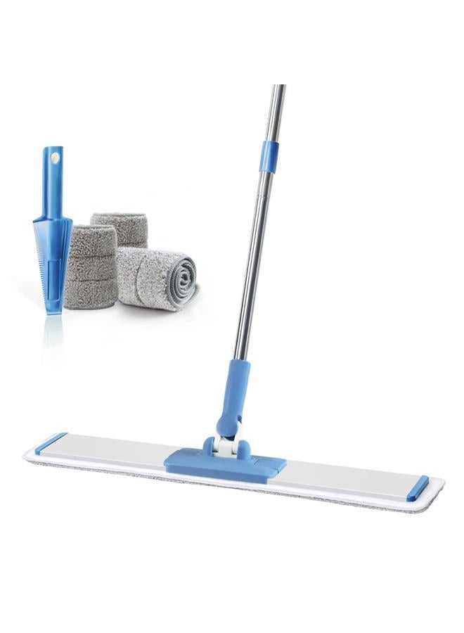 CQT Commercial Flat Microfiber Floor Mop Cleaning System 24" Inch Wet Dry and Dust Hardwood with 4 Washable Pads Cleaner for Laminate Tile Stainless Steel Handle and Extension (Blue) - Image 1