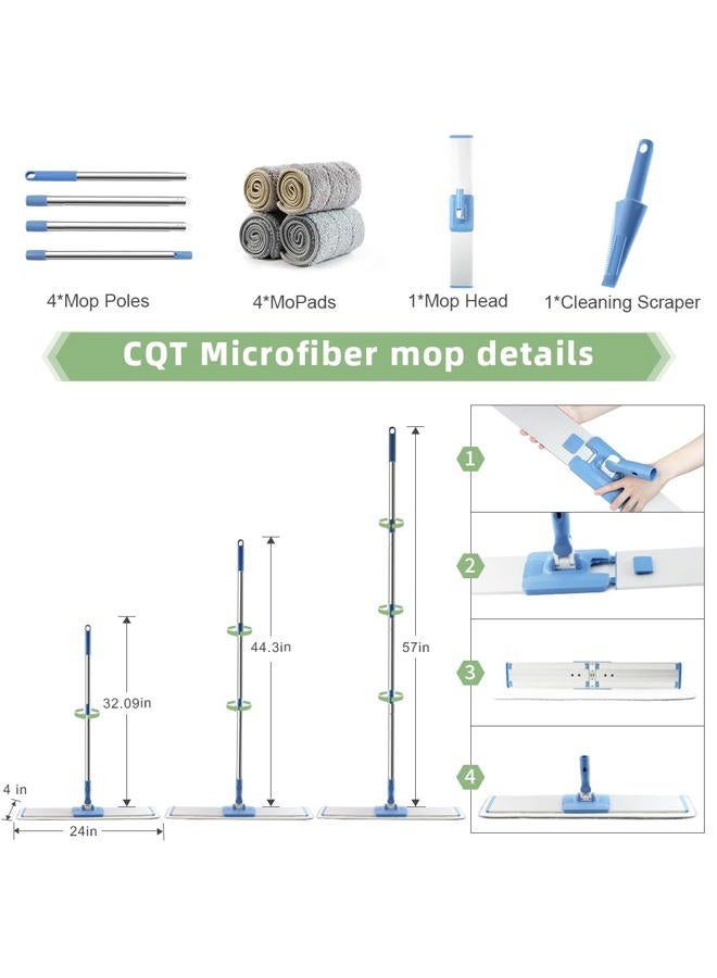 CQT Commercial Flat Microfiber Floor Mop Cleaning System 24" Inch Wet Dry and Dust Hardwood with 4 Washable Pads Cleaner for Laminate Tile Stainless Steel Handle and Extension (Blue) - Image 3