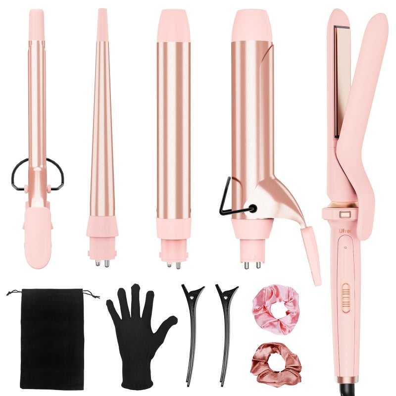 Ufree 5 in 1 Curling Iron with Ceramic Barrels (0.35"-1.25"), Curling Wand Set with Flat Iron Hair Straightener, Instant Heat Up, Dual Voltage Hair Curler, Gifts for Women, Pink - Image 1